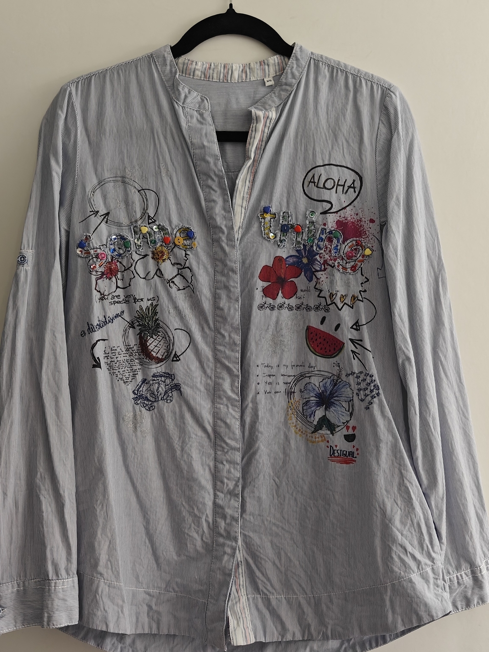 Desigual Blue White Striped Long Sleeve Button Shirt XS Embroidered